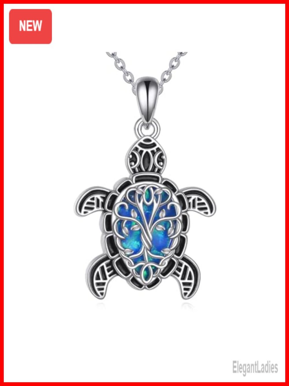 Sterling Silver Blue Opal Sea Turtle Tree of Life Pendant Necklace
